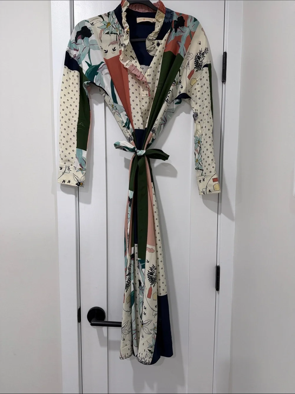 Tory Burch Patchwork Print Jean Jacket in Green, Coral & Navy